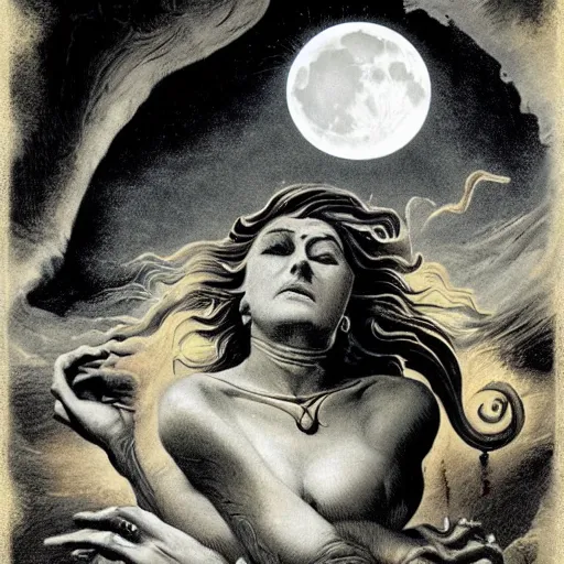 Image similar to sleep of wise old beautiful woman Desert Deity under unresolved evil moon illusion, in the style of Frank Frazetta, Jeff Easley, Caravaggio, extremely clear and coherent, clear lines, 8K revolution