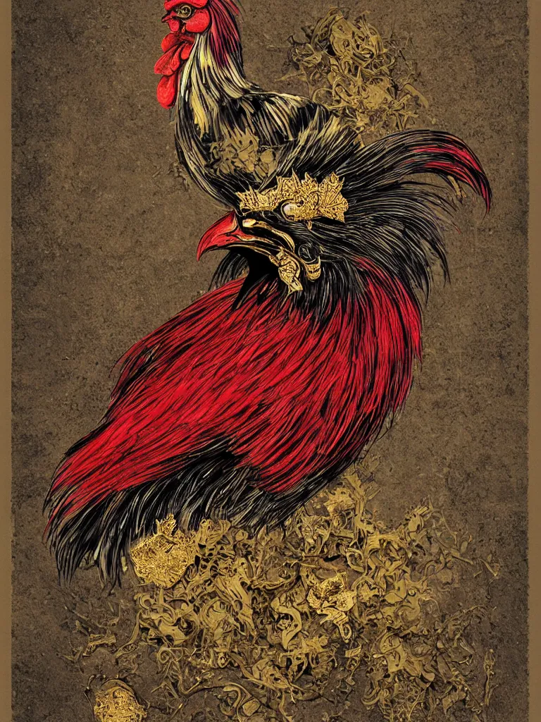 Prompt: dark military portrait of a majestic Fat!!!! Black Rooster, the King of rooster old decrepit tarot card, red gold black royal tarot card background, with blunt brown border, with green Cannabis Leaves, ultra-detailed pen and ink illustration, vibrant red colour and shiny gold, sharp focus, matte painting, symmetrical, golden ratio, cgsociety, concept art, 8k, octane render, artstation, art by greg rutkowski and Alphonse Mucha and by john kenn mortensen