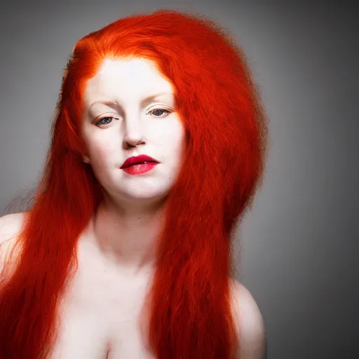 Prompt: a color photo portrait of a woman with red hair in the style of richard avedon, 7 5 mm lens, studio lighting.