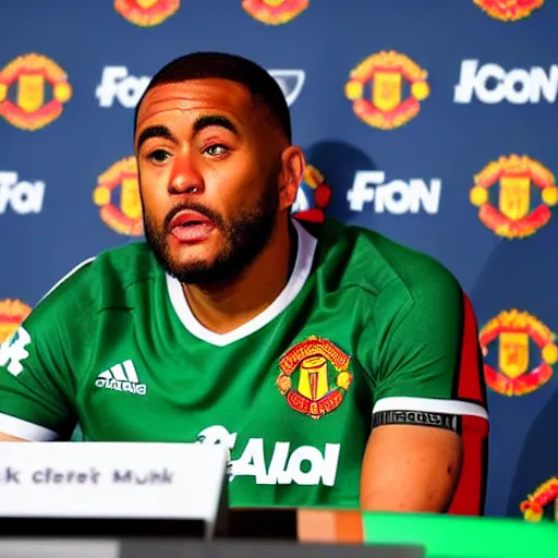 Prompt: BBC Sports photography of a Manchester United press conference introducing Master Chief as their latest signing