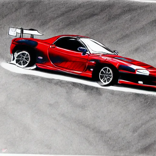 Image similar to pen ink drawing black red 1999 FD RX-7 front side view dynamic racing motion blur Shuichi Shigeno and Michiharu Kusunoki flat drawing two tone color black background dark simple shading