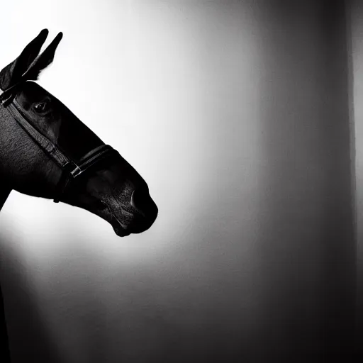 Image similar to noire detective shot with 4k dslr camera of James the detective horse. Bojack horseman inspired detective show. My home used to be stable, now lifes gone to trott. Donkey in a trenchcoat smoking acigar. MDMHay infused darkroom darkengine shot by netflix, high budget, cgi by james gunn.