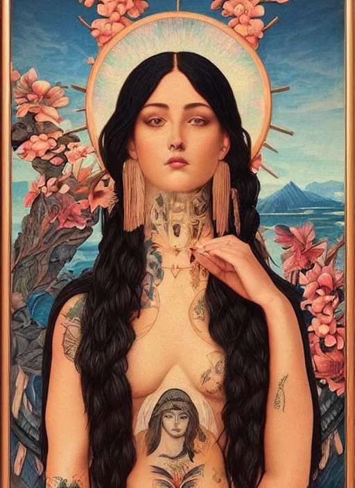 Prompt: beautiful enlightened instagram selfie influencer woman with tattoos, tattooed skin, oil painting, robe, symmetrical face, greek dark ritual myth, by john william godward and anna dittman, masterpiece