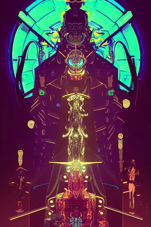 Image similar to cyberpunk blindfolded occultists worshipping a supernatural robot deity in a futuristic shrine, sci - fi concept art by bakaarts and darius puia and bartsy and sachin teng and pascal blanche and alphonse mucha and nekro and josan gonzalez, digital art, trending on artstation, 4 k, 8 k