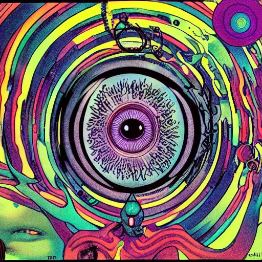 Image similar to an illustration of a giant eye surrounded by many strange things, a comic book panel by leo and diane dillon, behance, psychedelic art, salvia, tesseract, lovecraftian, cosmic horror