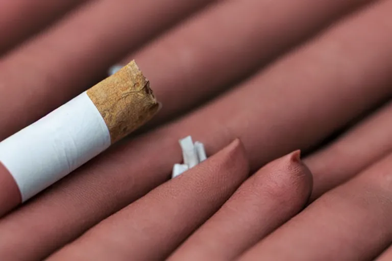 Image similar to cigarette in five fingers, thin soft hand holding cigarette, hyper realistic, natural