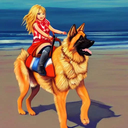 Image similar to girl riding a giant German shepherd at the beach, trending on artstation