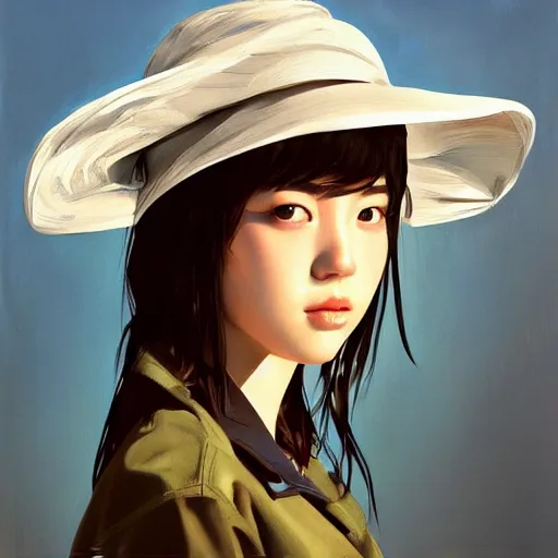 Image similar to oil painting by ilya kuvshinov,, baugh casey, artgerm craig mullins, coby whitmore, of a youthful japanese girl, long hair, fisherman's hat, highly detailed, breathtaking face, studio photography, noon, intense bounced light, water reflection, large tree casting shadow, serine intense sunlight