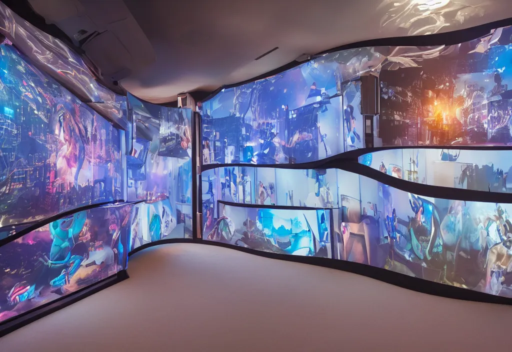 Image similar to curved transparent 3 d videoscreens with dragon, volumetric lighting, bedroom, visor, users, pair of keycards on table, bokeh, creterion collection, shot on 7 0 mm, instax