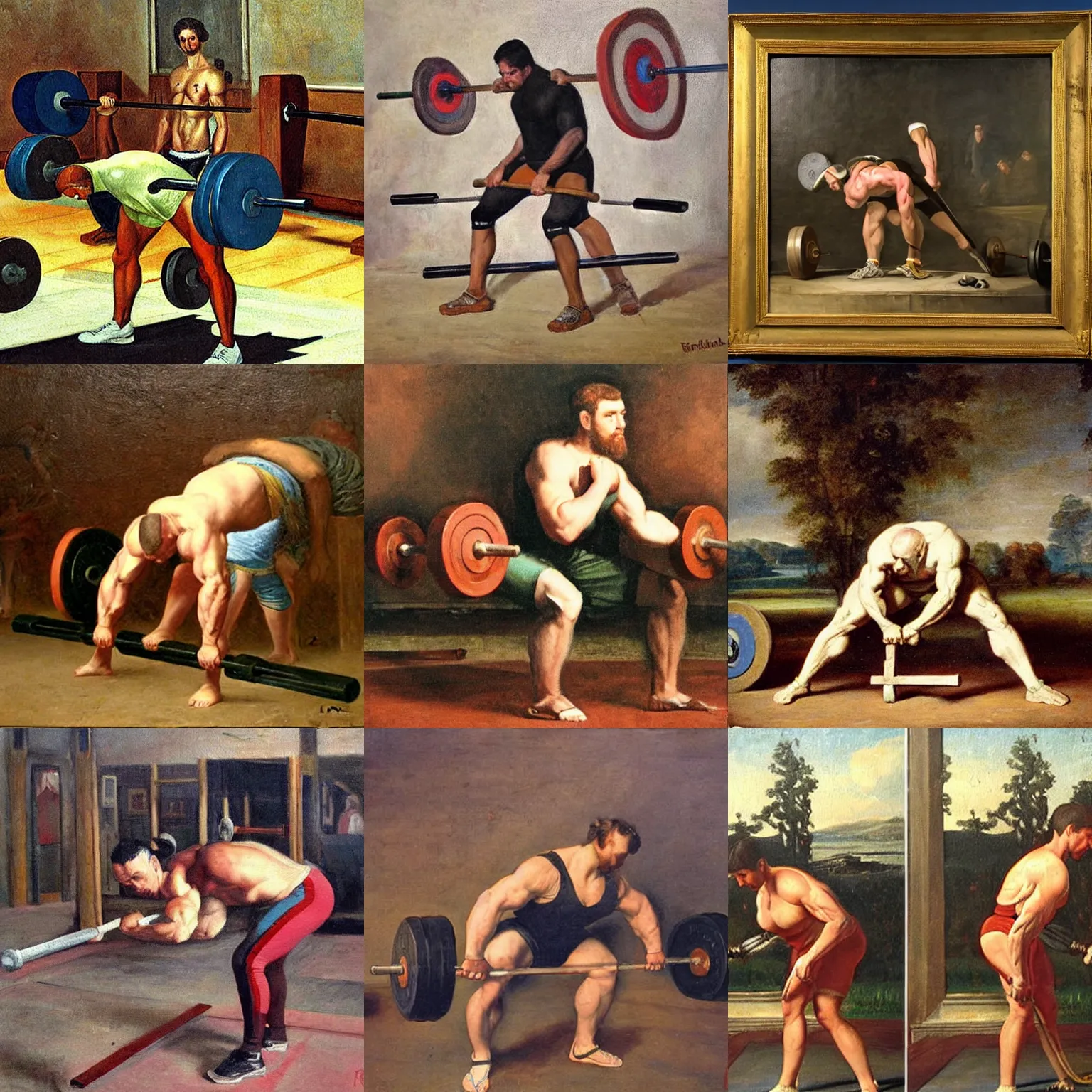 Prompt: historic painting of raw deadlift attempt