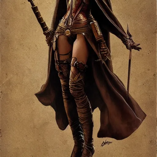 Image similar to highly detailed steampunk gal gadot standing, cape, bo staff : leonardo da vinci, greg rutkowski, magali villeneuve