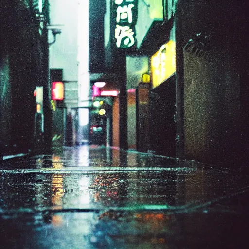 Prompt: a rainy cyuberpunk neo tokyo alley with a black cat sleeping on a piece of cardboard on the floor, photo, 4 k