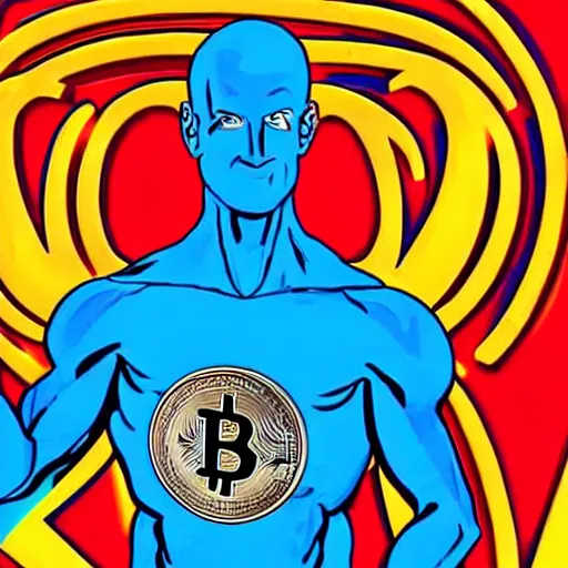 Image similar to Dr Manhattan working at McDonalds because he lost all of his money leverage trading bitcoin, mike judge art style, 90s mtv illustration, rich complementary colors W- 1920