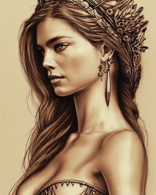 Image similar to realism tattoo sketch of jessica hart as a beautiful greek goddess aphrodite with piercing eyes wearing a laurel wreath and triangle earrings, in the style of greg rutkowski, amazing detail