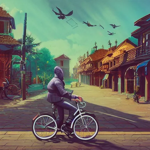 Image similar to a beautiful painting of a very detailed gangster riding a bike in a old town by dan mumford, beeple, trending on artstation, vapourwave