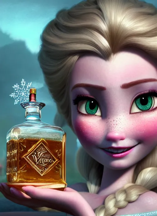 Image similar to highly detailed closeup portrait of tattooed princess elsa drinking whisky, unreal engine, nicoletta ceccoli, mark ryden, lostfish, earl norem, global illumination, god rays, detailed and intricate environment