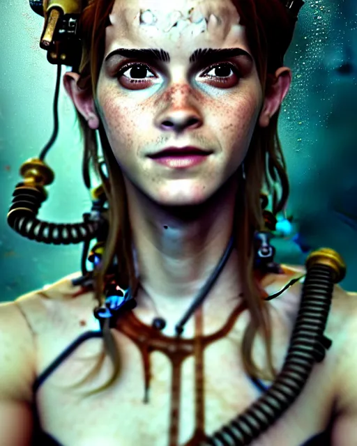 Image similar to underwater steampunk biopunk portrait of emma watson, au naturel, hyper detailed, digital art, trending in artstation, cinematic lighting, studio quality, smooth render, unreal engine 5 rendered, octane rendered, art style by klimt and nixeu and ian sprigger and wlop and krenz cushart.