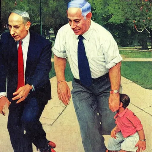Image similar to benjamin netanyahu playing hopscotch in a public park, by norman rockwell