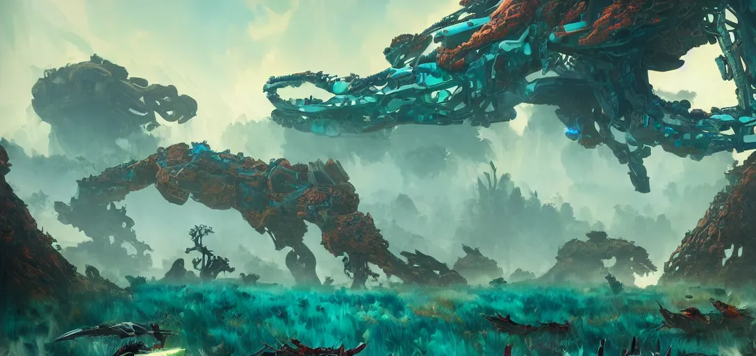 Image similar to asymmetry!! landscape of teal coral alien planet in the style of horizon zero dawn, machinery and nature fighting, intricate, elegant, highly detailed, digital painting, artstation, concept art, smooth, sharp focus, illustration, art by artgerm and greg rutkowski and alphonse mucha, 8 k