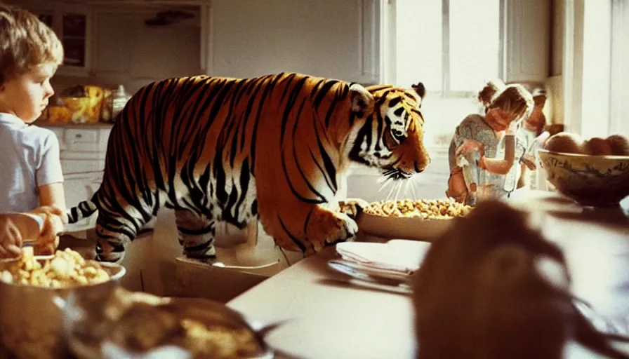 Image similar to 1 9 9 0 s candid 3 5 mm photo of a beautiful day in the family kitchen, cinematic lighting, cinematic look, golden hour, a real tiger is forcing the children to eat cereal, uhd