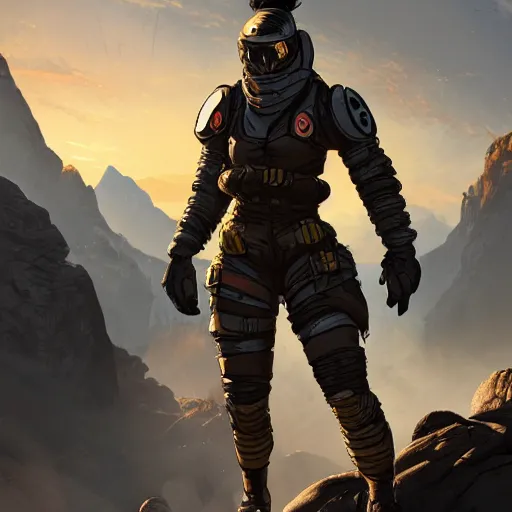 Prompt: wraith from apex legends standing in a battlefield, golden hour, sharp, trending on artstation, digital art