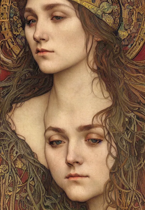 Image similar to detailed realistic beautiful young medieval queen face portrait by jean delville, alphonse mucha, vincent van gogh, and marco mazzoni, art nouveau, symbolist, visionary, gothic, pre - raphaelite