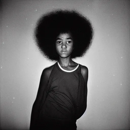 Image similar to teenager light - skin girl, afro hair, stares at the camera, night sky, stars, bruce gilden, leica s, fuji 8 0 0, grainy, low light