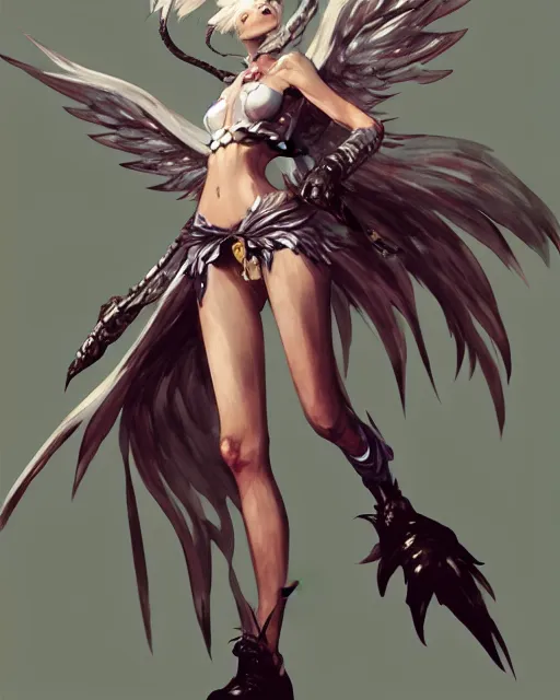 Image similar to concept art of a winged woman, final fantasy, highly detailed painting by dustin nguyen, akihiko yoshida, greg tocchini, 4 k, trending on artstation, 8 k