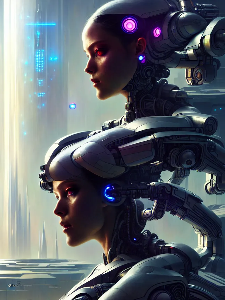 Image similar to ultra realistic, beautiful female cyborg in a space metropolis, sci-fi, cyberpunk, concept art, intricate details, eerie, highly detailed, octane render, 8k, , art by artgerm and greg rutkowski and alphonse mucha
