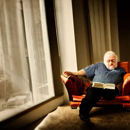 Image similar to old fatman sitting on chair reads book, light stubble, cinematic, dramatic