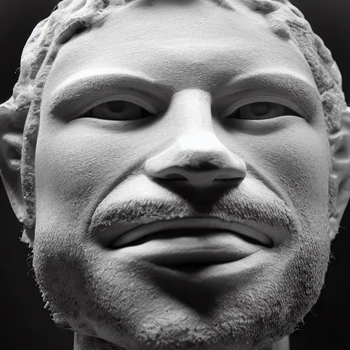 Prompt: sculpture of the face of aphex twin by donatello, white marble, outside view, cinematic