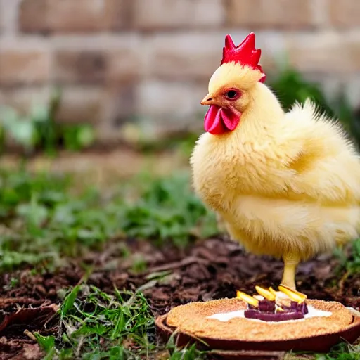 Image similar to a light yellowish downed baby chick is standing near a cake with 3 birthday candles and near a rooster