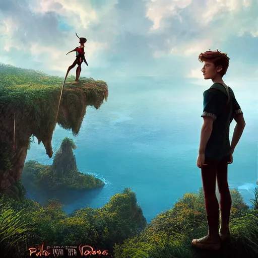 Prompt: Tom Holland as peter pan,looking iver the horizon,river in front of him,detailed, 8k hd,by rossdraws and greg rutkowski,in the style of a Instagram profile picture