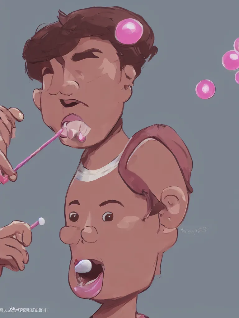 Image similar to close up! kid blowing bubble gum, disney concept artists, blunt borders, rule of thirds