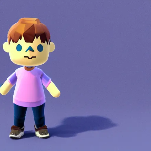 Prompt: low poly human animal crossing character with brown hair brown eyes and a sky blue hoodie and gray pants, 3 d render on purple gradient background