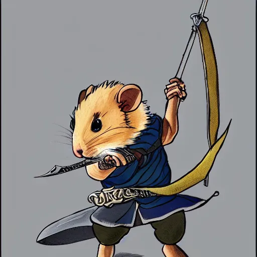 Prompt: a hamster holding a sword in the style of Berserk manga