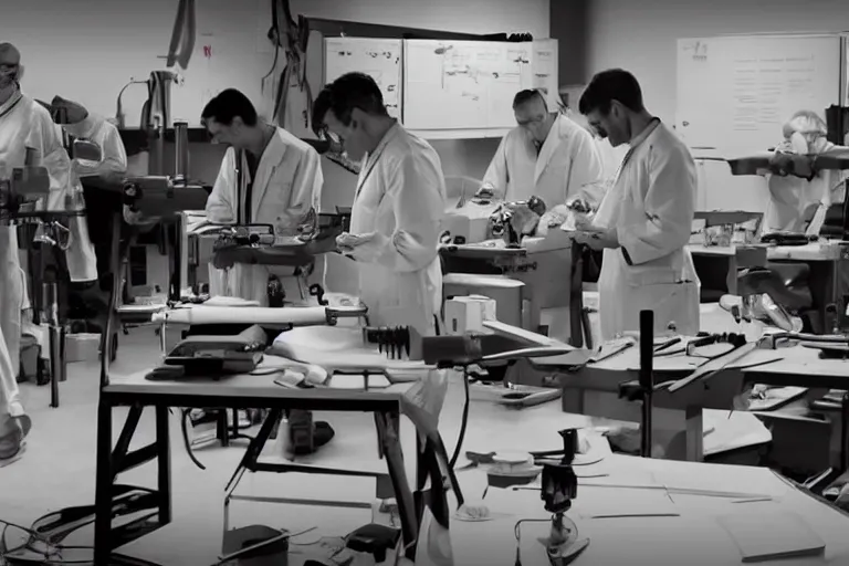 Image similar to orthopedic instrument makers in a workshop, cinematic atmospheric masterpiece