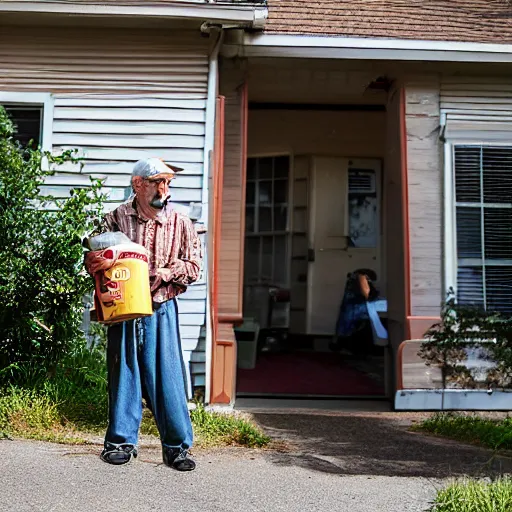 Image similar to realistic photograph of an old man showing up at his neighbor's house with a can of tuna, taken with canon eos 5 d,