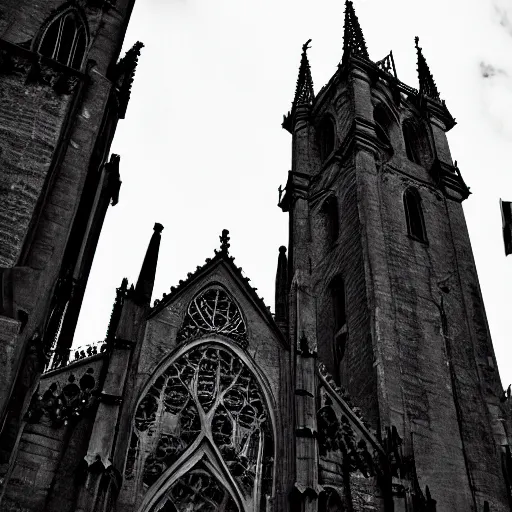 Prompt: low angle street view of a gothic city, high resolution, highly detailed, dark fantasy, gothic architecture, night