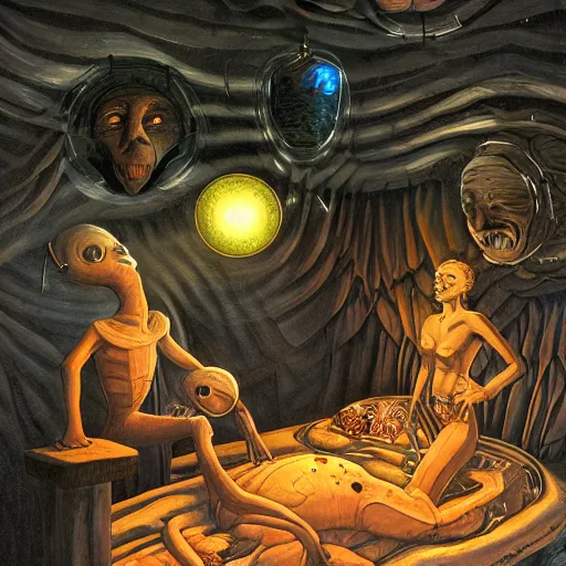 Image similar to primitive extraterrestrial villagers at bedside of severely injured unconscious short - haired blond woman, inside primitive hut, dramatic lighting, illustration, fantastic planet, ron cobb, mike mignogna, jim henson creature shop, science fiction, detailed painting, high detail, coherent, rough paper