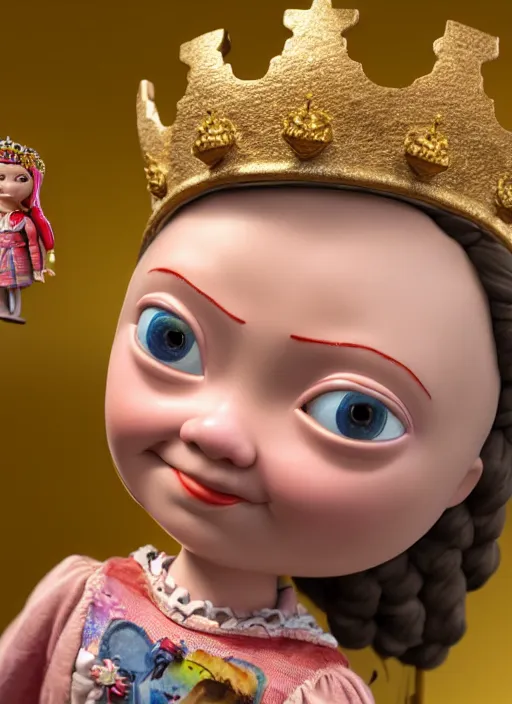 Image similar to highly detailed closeup, face profile portrait of greta thunberg as a tin toy fairytale princess wearing a crown eating cakes, bikini, unreal engine, nicoletta ceccoli, mark ryden, earl norem, lostfish, global illumination, detailed and intricate environment