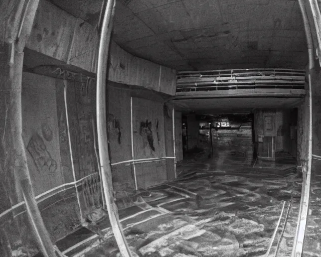 Prompt: camera footage of a giant Boogey man in an abandoned shopping mall, high exposure, dark, monochrome, camera, grainy, CCTV, security camera footage, timestamp, zoomed in, fish-eye lense, Enderman,