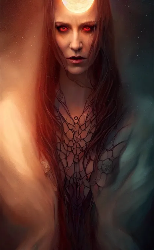 Image similar to epic professional digital tarot card of 🧛🏼🌛, ambient lighting, painted, gorgeous, stunning, symmetrical, impressive, leesha hannigan, van herpen, best on artstation, cgsociety, wlop, pixiv, stunning, gorgeous, much wow, cinematic, masterpiece