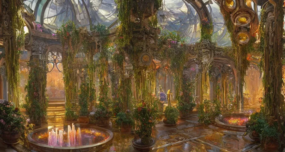 Prompt: an oil painting by donato giancola, warm coloured, cinematic scifi luxurious futuristic foggy hydroponic victorian garden circular courtyard with bulbous stained glass floral fungi cactus growing out of pretty ceramic baroque fountains, gigantic pillars and flowers, beeple, star wars, ilm, star trek, jim burns, artstation, atmospheric perspective