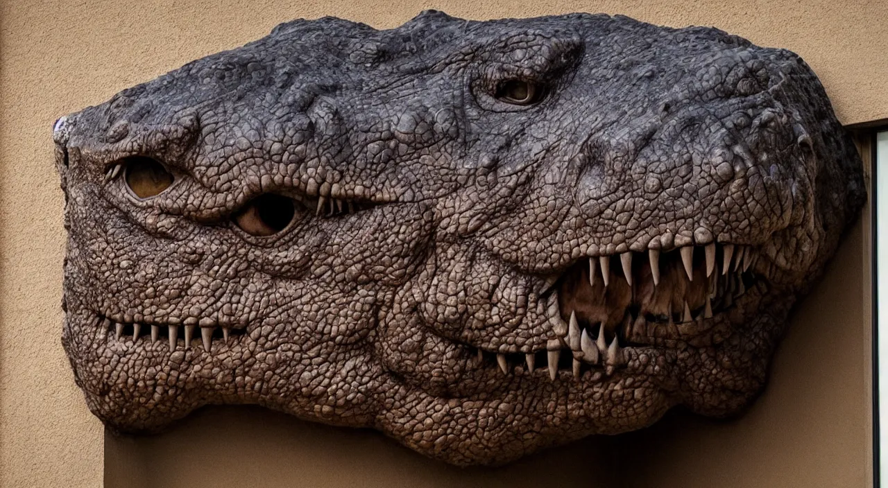 Image similar to Huge T-rex head outside close to the window, the eyes are open and intense , dark, scary