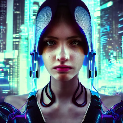 Image similar to a portrait photo of a beautiful young cyberpunk girl in a futuristic cyberpunk city, very sharp and detailed image, award winning