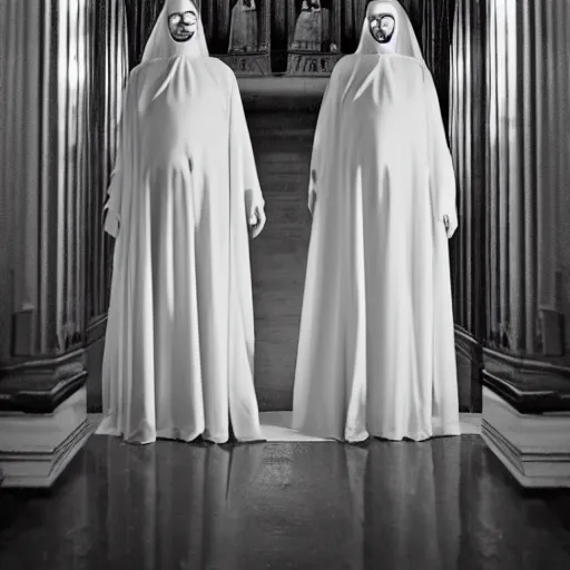 Prompt: nightmare vision, black and white, award winning photo, levitating twin nuns, wearing translucent sheet, in a sanctuary, eerie, frightening —width 1024 —height 1024