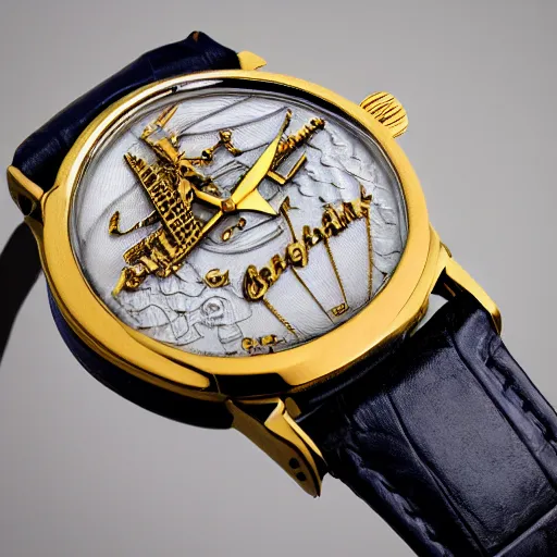 Prompt: watch, portrait of gagarin on the dial, gagarin, gagarin engraving, custom watc, gold silver, diamond, brilliant, super detailed, photorealistic, 8 k white background