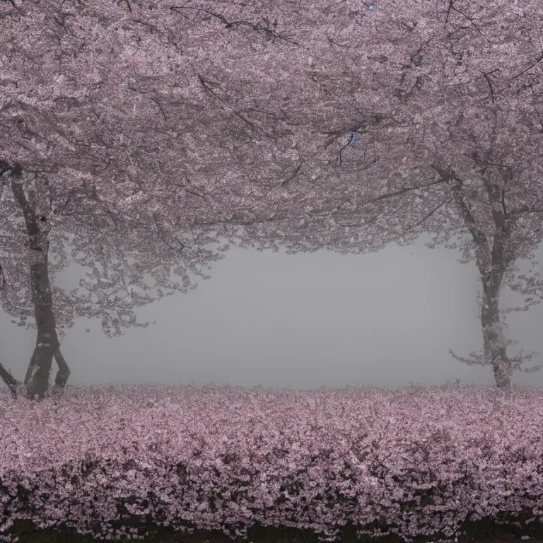 Image similar to a photograph of a white concrete cube sitting center frame in the middle of a cherry blossom forest, foggy, liminal