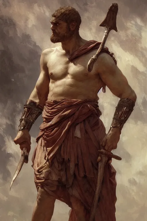 Image similar to ancient historically accurate depiction of the Bible Character Goliath of Gath, the Philistine warrior giant by frank miller, illustration by Ruan Jia and Mandy Jurgens and William-Adolphe Bouguereau, Artgerm, 4k, digital art, surreal, space dandy style, highly detailed, godsend, artstation, digital painting, concept art, smooth, sharp focus, illustration by Ruan Jia and Mandy Jurgens and William-Adolphe Bouguereau, Artgerm